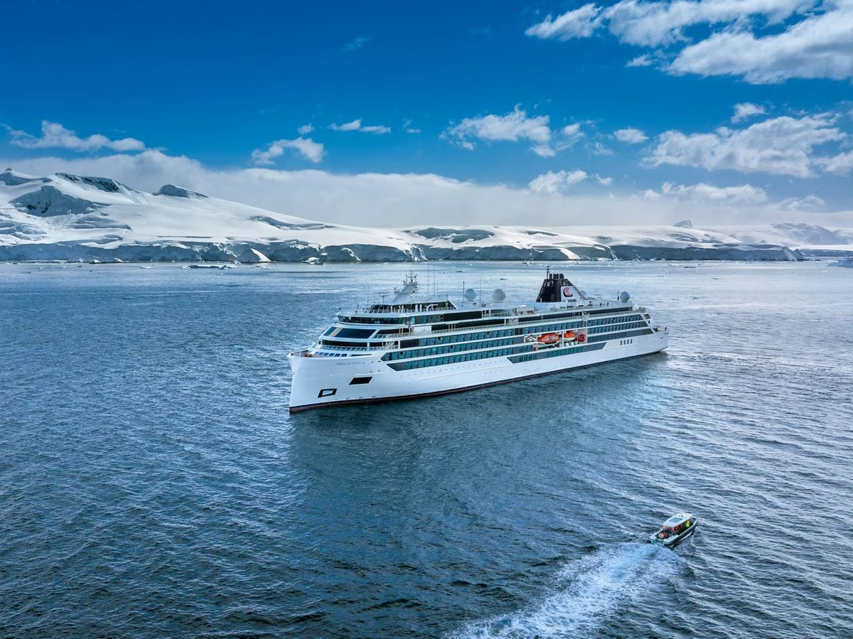 Viking expedition ship along the Antarctic coastline